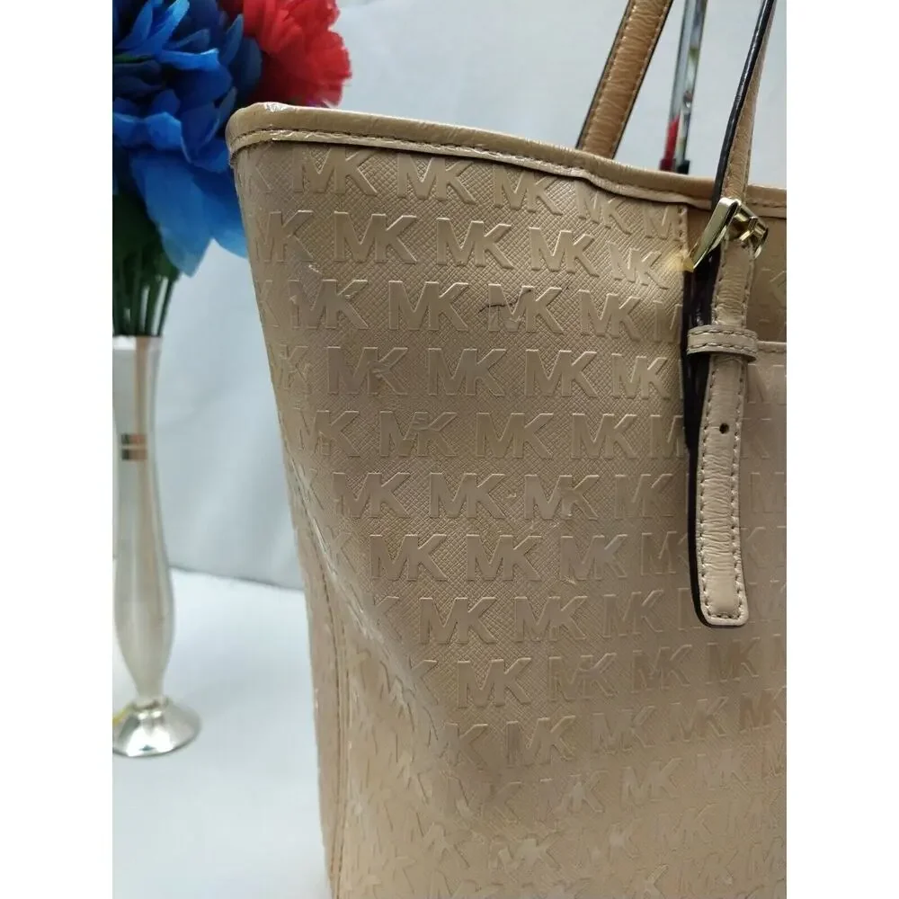 Michael Kors Beige Coated Canvas Leather Trim MK Printed Double Handles Tote Bag